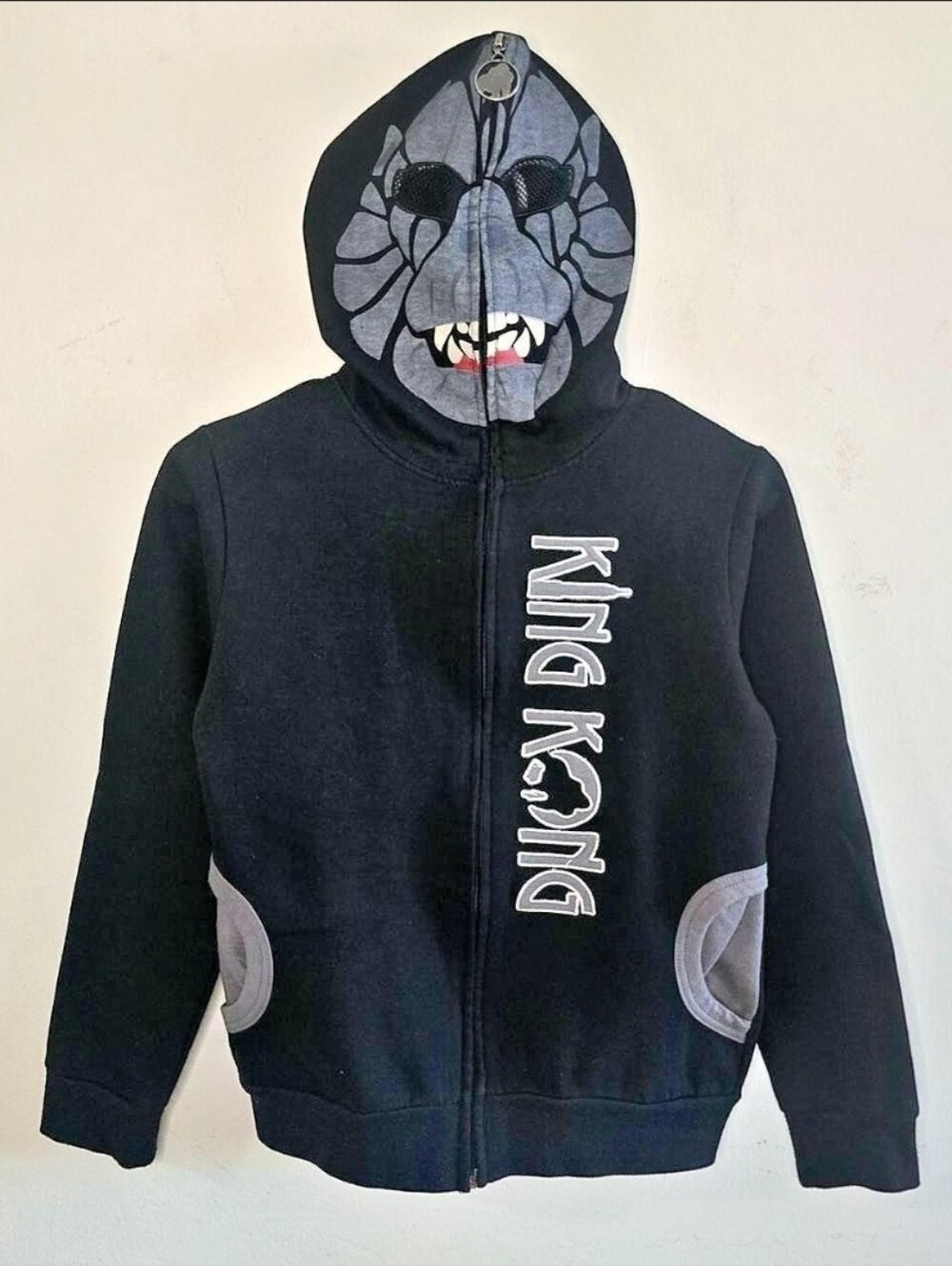 King Kong Youth M Full Zip Hoodie Black Gray Graphic Gorilla Monster Face Fleece